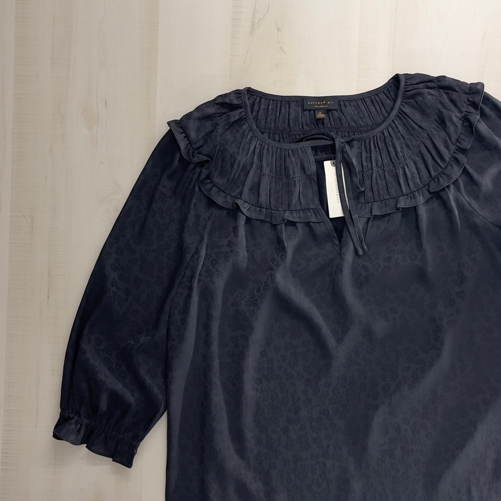 nwt ANTHROPOLOGIE x current air ruffle green silky peasant top blouse floral M - Picture 4 of 4